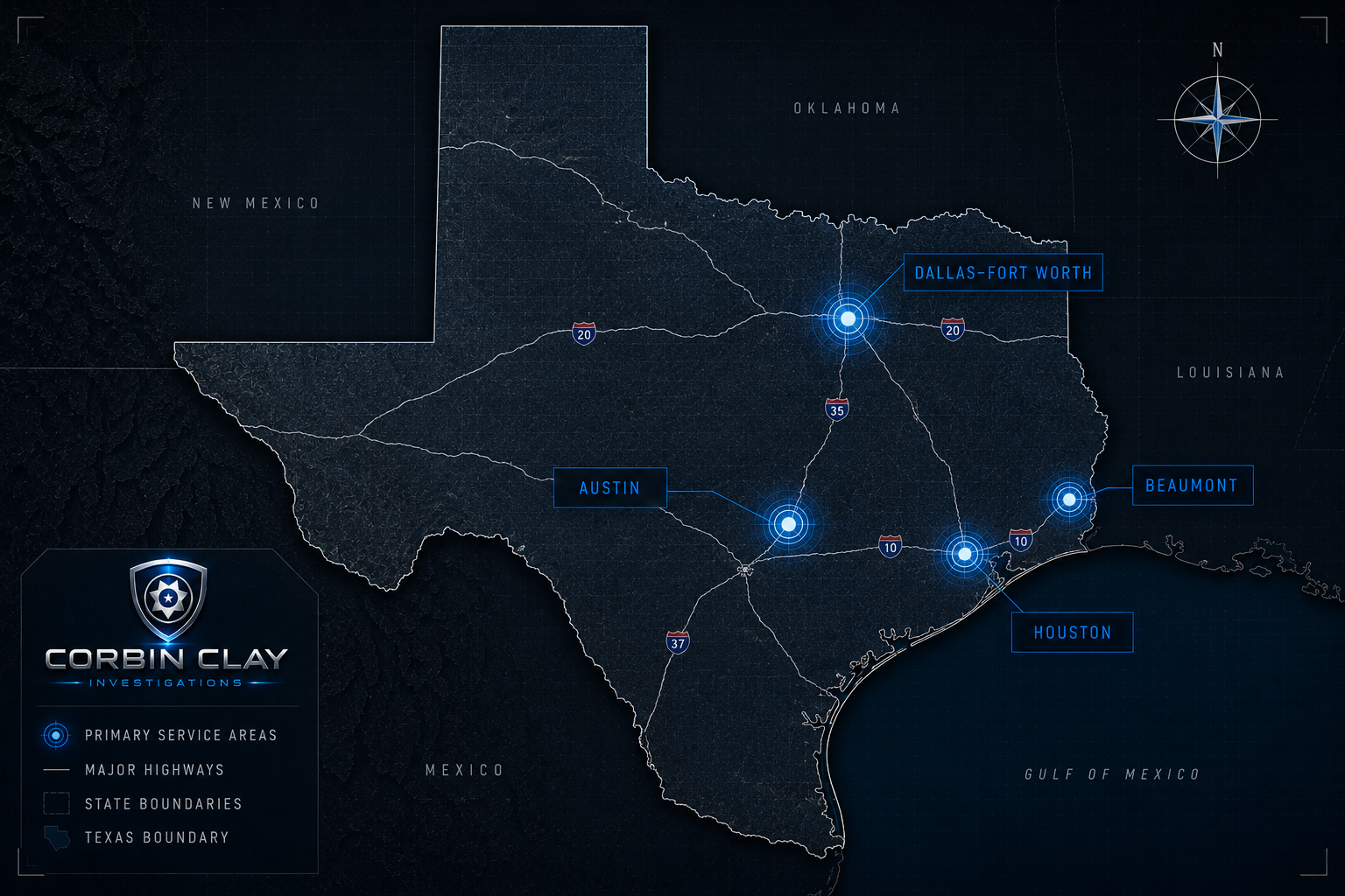 Texas coverage map for Corbin Clay Investigations